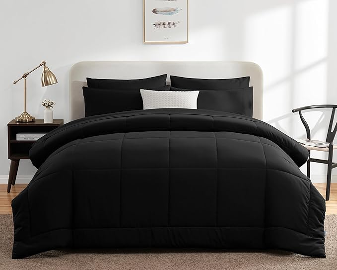 CozyLux Twin XL Comforter Set Black, 5 Pieces Twin Extra Long Bed in a Bag for College Dorm, All Season Bedding Set with Stitch Quilted Comforter, Flat Sheet, Fitted Sheet, Pillowcases