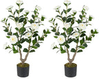 GOFLAME 3FT Artificial Camellia Tree, 2 Pack Faux Camellia Plant with White Flowers, Solid Wood Trunk, Realistic Moss, Greenery Potted Decoration Tree for Indoor Outdoor Home Porch Front Door