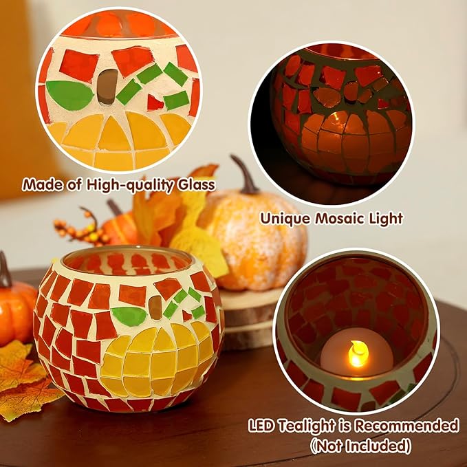 Nefelibata Fall Candle Holder Set of 3 Mosaic Maple Leave Sunflower Tealight Holder Pumpkin Glass Thanksgiving Votive Candle Holder Thanksgiving Party Dinner Table Centerpieces (No Candle Included)