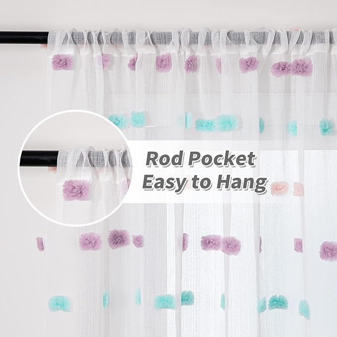 MYSKY HOME Pom Pom Sheer Curtains for Bedroom 72 Inch Length Long Rainbow Curtains for Dining Room Window Nursery Curtains Girls Kids Room 2 Pieces Rod Pocket Boho Farmhouse 52" x 72"
