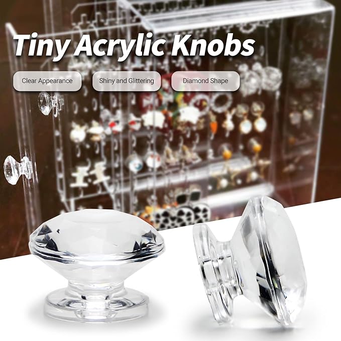 MroMax 12Pcs Tiny Pull Handle Diamond Acrylic Mini Knob 19mm Diameter Clear Shiny Diamond Shaped Knobs for Jewelry Box, Gift Case and Makeup Box
