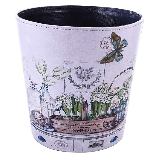 Wastebasket, British Style PU Leather Round Decorative Trash Bin Garbage Can Wastebasket Without Lid for Living Room Home Office - Plants and Butterfly