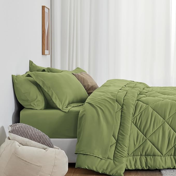 Love's cabin California King Comforter Set Olive Green, 7 Pieces California King Bed in a Bag, All Season Bedding Sets with 1 Comforter, 1 Flat Sheet, 1 Fitted Sheet, 2 Pillowcase and 2 Pillow Sham