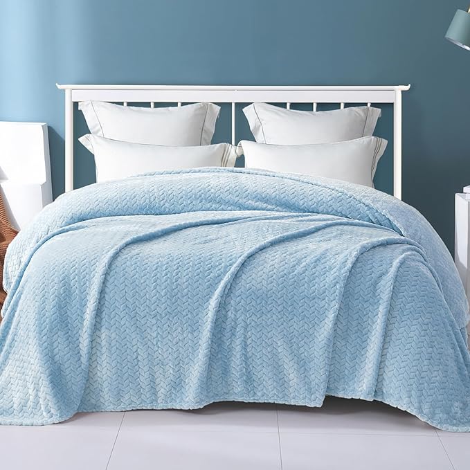 Exclusivo Mezcla Fleece Queen Size Blanket for Bed, 90x90 Inches Soft Cozy Jacquard Flannel Blankets, Lightweight Fuzzy Plush Warm for Winter, Light Blue