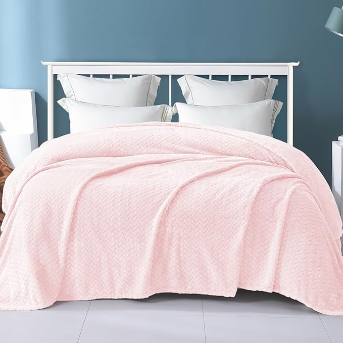 Exclusivo Mezcla Fleece Twin Size Blanket for Bed, 90x66 Inches Soft Cozy Jacquard Flannel Blankets, Lightweight Fuzzy Plush Warm for Winter, Light Pink