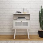 Mid Century Modern Nightstand with Charging Station, Bedside Tables with Glass Decorative Door, End Table Side Table with 2 Tiers Storage Space, for Bedroom, Living Room, White