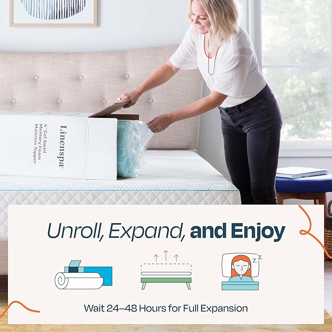 Linenspa 2 Inch Gel Swirl Memory Foam Mattress Topper – Cooling Gel Infused – Pressure Relieving Bed Topper - Mattress Pad – CertiPUR Certified - Twin Size