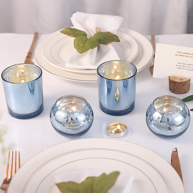 10 Pcs Assorted Blue Votive Candle Holders, Larger Size Mercury Glass Candle Holder, Blue Tea Light Candle Holders for Wedding Decorations, Centerpieces for Tables, Baby Shower