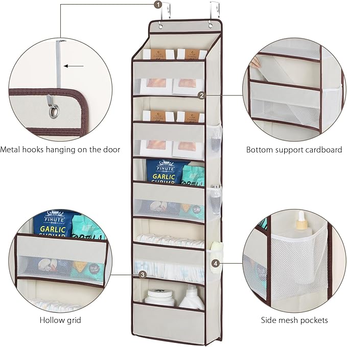 Univivi 1 Pack Over The Door Organizer, Non-Tilting Over The Door Organizer Hanging Door Storage With 5 Large Compartments 6 Side Pockets for Nursery Storage (Beige)