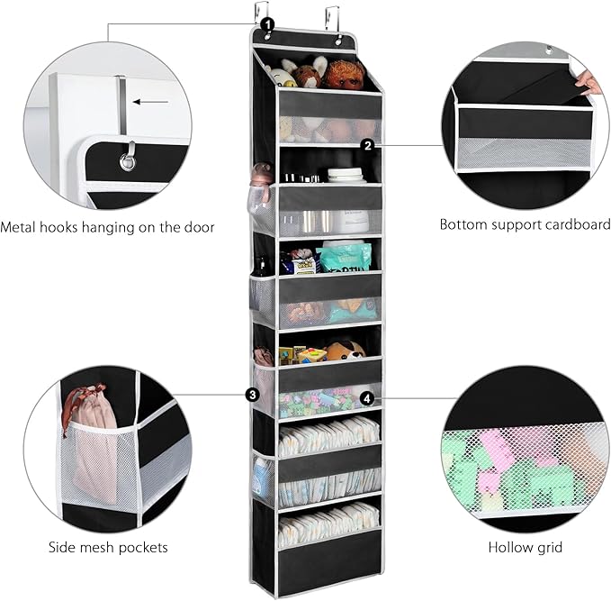 Univivi Door Hanging Organizer Nursery Closet Cabinet Baby Storage with 6 Large Compartments and 8 Side Pockets for Cosmetics, Toys and Sundries (Black)