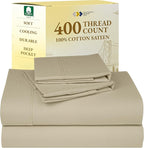 California Design Den Queen Sheet Set - Soft 400 Thread Count Sateen, Natural 100% Cotton Sheets with Deep Pockets, Cooling and Durable Bedding Set - Beige (Golden Tone)