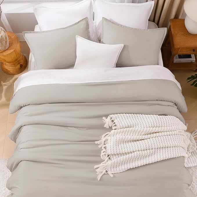 Litanika Linen Grey Comforter Set Queen Size, 3 Pieces Lightweight Solid Bedding Comforter Set, All Season Fluffy Bed Set (90x90In Comforter & 2 Pillowcases)