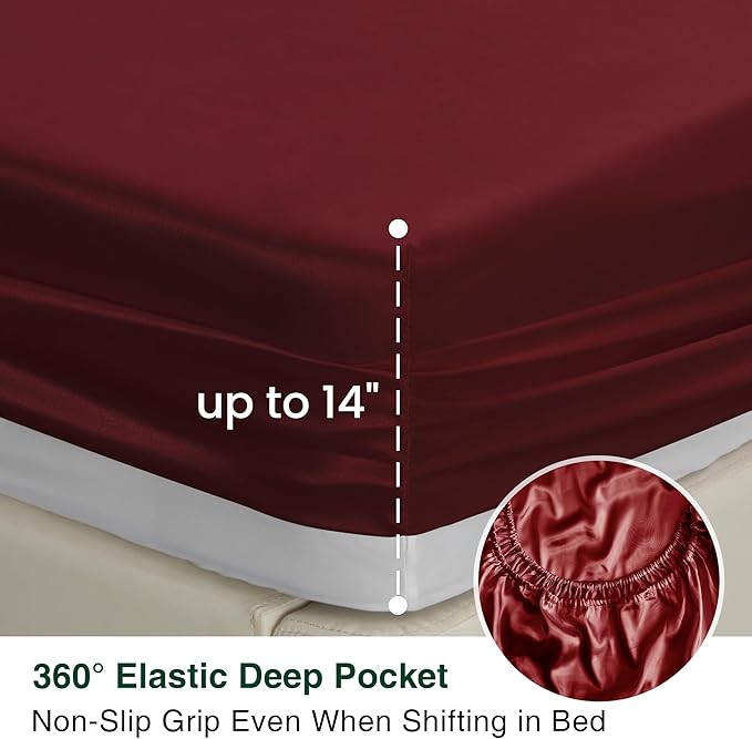 Love's cabin 4Piece California King Satin Bed Linen Set, Burgundy Silky Satin Sheets, Deep Pocket, Luxury Silk Feel, 1 Flat, 1 Fitted Sheet, 2 Pillow Cases