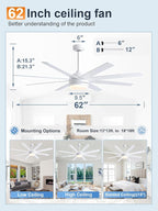 YUHAO 62 Inch White Ceiling Fan with Light and Remote Control.Noiseless,Dimmable,3CCT,6 Speeds Reversible, DC Ceiling Fans for Indoor or Covered Outdoor