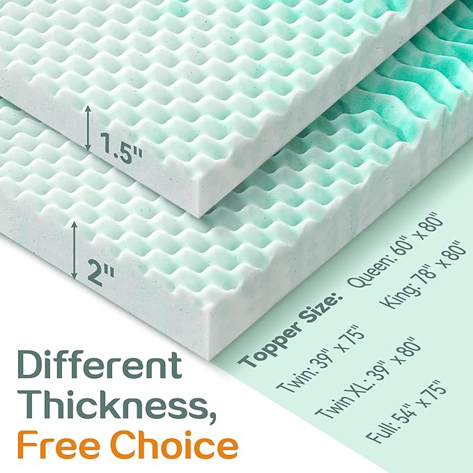 SINWEEK 1.5 Inch Mattress Topper 5-Zone Memory Foam Mattress Topper Pressure Relieve Soft Mattress Pad, CertiPUR-US Certified, Full Size, Green