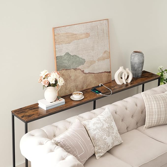 78.7" Console Table with Power Outlet, 11.8" Wide Narrow Sofa Table, Industrial Entryway Table with USB Ports, Behind Couch for Entryway, Hallway, Foyer, Living Room, Rustic Brown CTHR320E01