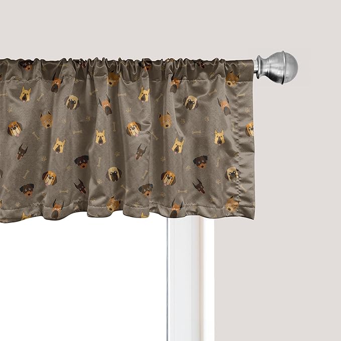 Ambesonne Dog Lover Window Valance Pack of 2, Repetitive Pattern of Pet Heads Paw Prints and Bones, Rod Pocket Curtain Valances for Kitchen Bedroom, 42" X 18", Taupe