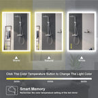 Wall-Mounted LED Square Bathroom Mirror, Makeup Mirror (36 inches x 24 inches,) 3 Color Stepless Dimmable Memory Bathroom Vanity Mirror with Lights CRI90+ 3000-6400K Smart Mirror with Touch