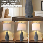 Farmhouse Table Lamps Set of 2 with USB C+A Ports and AC Outlet, 3 Way Touch Rustic Bedside Lamps for Living Room, 26.5" Grey Vintage Lamps for Bedroom Nightstand