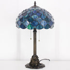Tiffany Stained Glass Table Lamp 12X12X21Inch Resin Base Desk Bedroom Living Room Reading Light (Sea Blue Pearl)