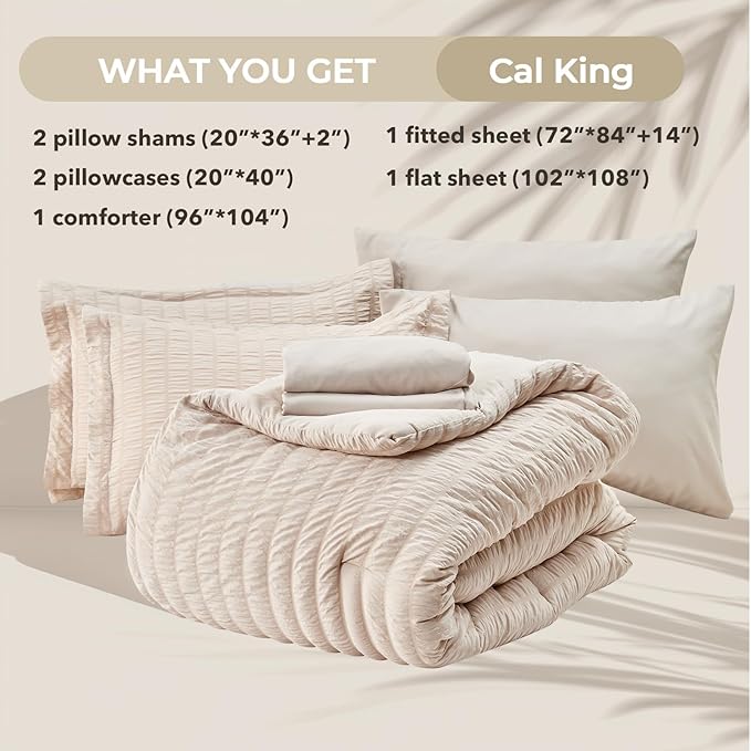 HYMOKEGE Beige California King Comforter Set Seersucker 7 Pieces, All Season Luxury Bed in a Bag for Bedroom, Bedding Set with Comforters, Sheets, Pillowcases & Shams