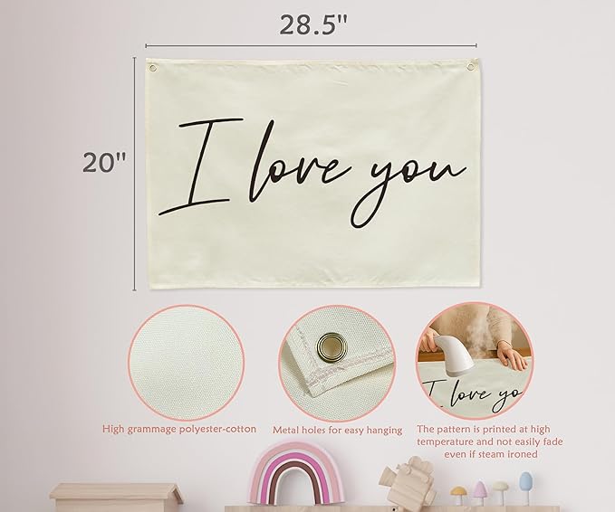 I love You Rectangular Canvas Banner-Boho Flag Wall Decor for Boy Girl Kids Friends,Nursery Babyroom Above Crib Bedroom Living Room Office-Baby Growth Stuff-Baby Shower Birthday Christmas Gift