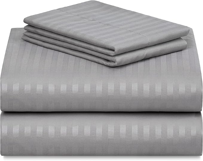 LuxClub 4 PC Full Size Sheet Set Bed Sheets, Breathable Luxury Deep Pockets Wrinkle Free Cooling Sheets Machine Washable Hotel Bedding (Full, Striped Light Grey)