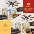 Ceiling Fans with Lights- 52" Low Profile Indoor Ceiling Fan with Light and Remote/APP Control, 8 Blade,Flush Mount, LED Dimmable DC Reversible Modern Ceiling Fan for Bedroom（Brown）