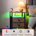 AMHANCIBLE Night Stand Set 2, LED Nightstand with Charging Station, End Side Tables with USB Port & Outlet, Bedside Table with 3 Fabric Drawers for Bedroom Living Room, Greige, HET053LGY