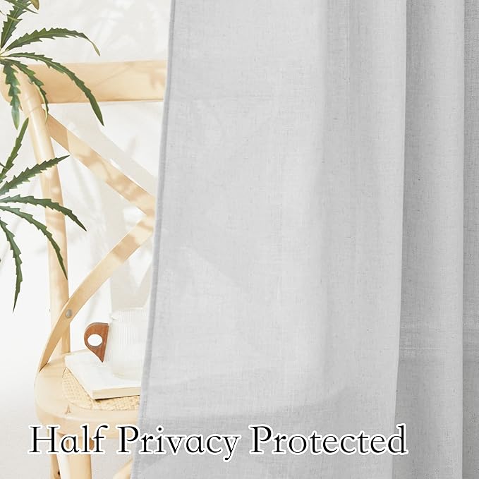RYB HOME Sheer Curtains for Patio - Linen Bedroom Privacy Drapes Large Window Decor for Living Room Dining Guest Room, Dove Grey, Width 100 x Length 95 inch, Set of 1
