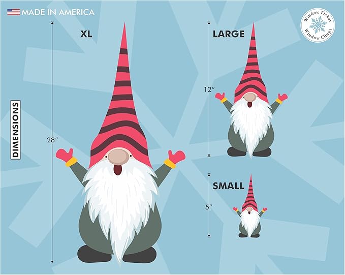 6 x 12 Christmas Elf Window Clings. Colorful Nordic Christmas Gnome Window Decal Decoration. Reusable, No Adhesive, Window, Door & Glass Scandinavian Holiday Décor. Made in America. (Large, Set of 6)