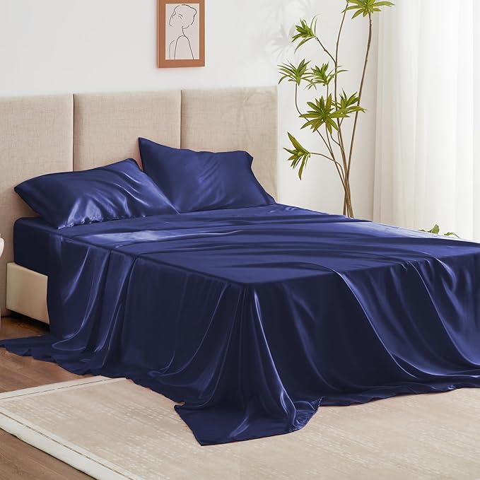 Love's cabin Twin Satin Sheet Sets - 3 Piece Navy Blue Silky Bed Sheets Twin with Deep Pockets, Luxury Silk Feel Satin Sheet Set Bedding Set (1 Flat Sheet,1 Fitted Sheet,1 Pillow case)