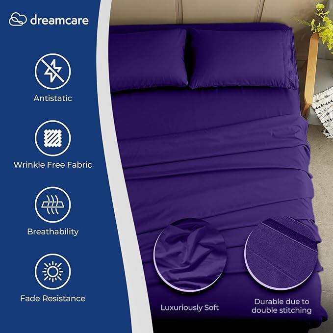 DREAMCARE Twin XL Sheet Sets - 4pc Cooling Sheets XL Twin Sheets - up to 21” Deep Pocket – Hotel Luxury Extra Long Twin XL Bed Sheets 100% Brushed Microfiber with Side Pocket - Purple