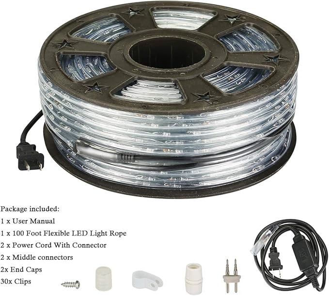 100Ft Rope Lights Outdoor, LED Strip Lights Waterproof Decorative Lighting for Indoor/Outdoor Decorations, Eaves, Backyards Garden, Patio and Bedroom, Christmas Decorations