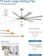 72 Inch Ceiling Fans with Lights,Large Modern Ceiling fan with Remote and 9 Wooden Blades,Dimmable,6 Speeds,Noiseless Reversible Indoor&Outdoor Fan for Bedroom,Patio,Living Room