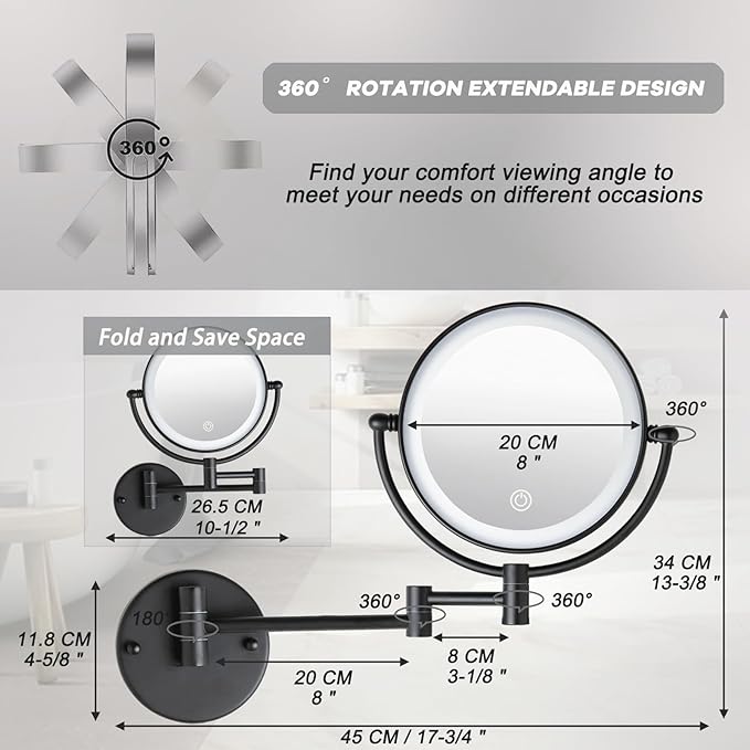 Wall Mounted Makeup Mirror with Lights and 10X Magnification, 8" Rechargeable Double Sided Touch Dimmable Foldable Extended Arm 360 Rotation for Bathroom, Matt Black