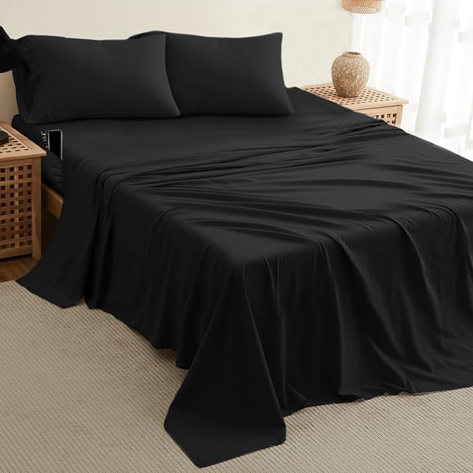 DREAMCARE Full Size Sheets – 4 pcs Cooling Sheets – up to 21” Deep Full Sheet Set – Hotel Luxury Sheets & Pillowcases – Superior Softness 100% Fine Microfiber with Side Pocket – Black