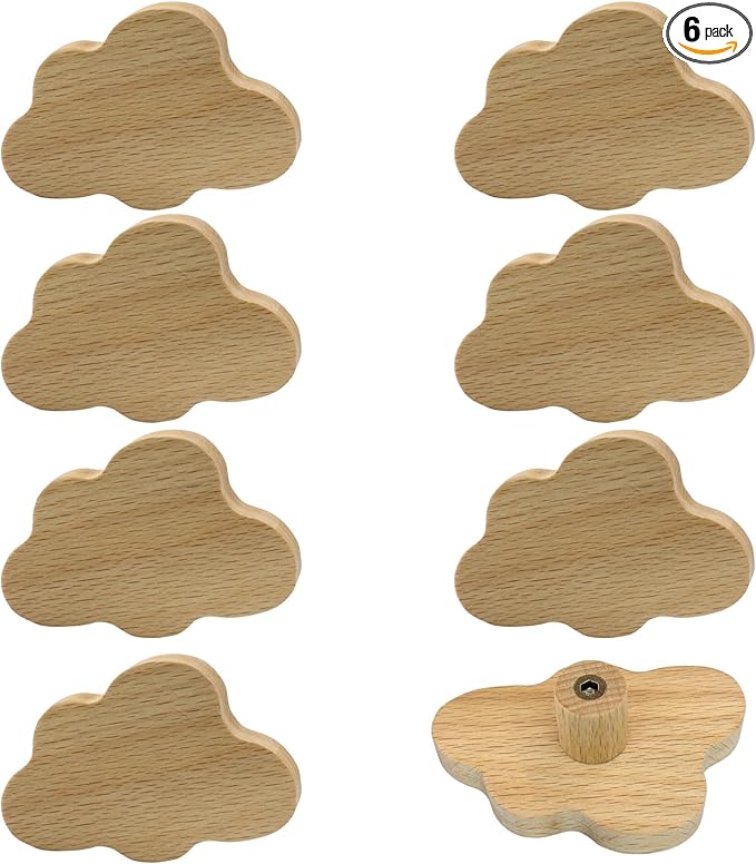 6 Pack Cloud Wooden Knobs, Decorative Wood Dresser Knobs Boho Cabinet Handles, Room Handles for Nursery Decor(Large)