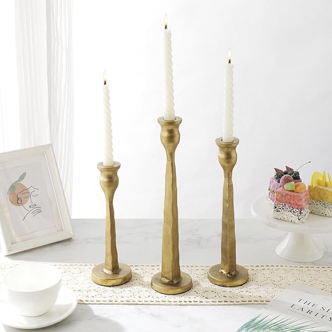 Heavy Duty Cast Iron Antique Brass Gold Candlestick Holders Set of 3,Tall Taper Candle Holders,Table Vintage Decor Centerpiece Candle Holders for Fireplace Party Dining Home
