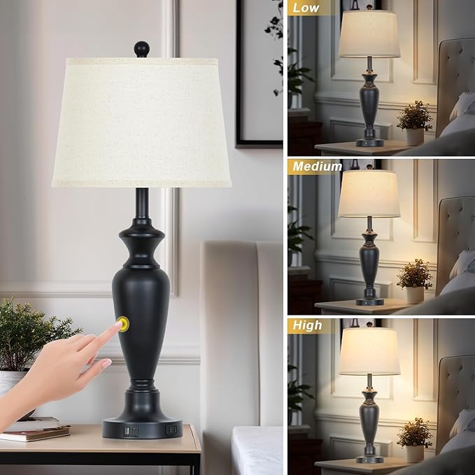 30" Tall Black Table Lamp, 3-Way Dimmable Touch Control Bedside Lamp with USB A+C & AC Outlet for Bedroom, Living Room (1 Pack)