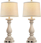 28" Tall Farmhouse Table Lamps Set of 2 with USB C+A Ports and AC Outlet, 3 Way Touch Control Rustic Bedside Lamp for Bedroom, Beige Vintage Nightstand Lamp for Living Room Office