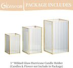 Glasseam Hurricane Glass Candle Holder: Ribbed Gold Pillar Candle Holders Set of 3 Square Metal Candle Holders for Table Centerpiece Modern Small Lanterns Decorative Indoor for Christmas Wedding Decor