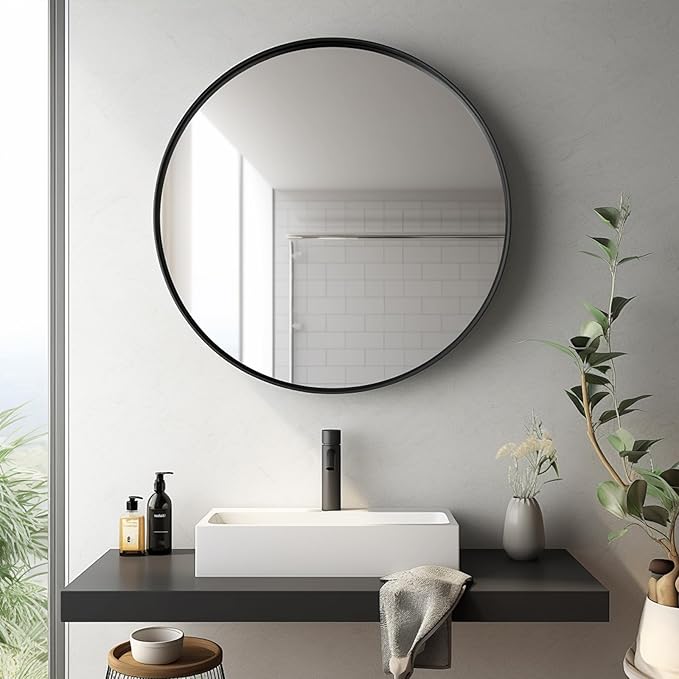 Circle Mirror 26 inch, Black Round Mirror, Round Bathroom Mirrors Metal Frame, Circle Mirrors for Living Room, Bathroom, Wall, Hallway.