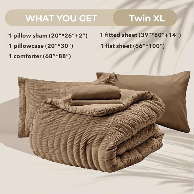 HYMOKEGE Brown Twin XL Comforter Set Seersucker 5 Pieces, All Season Luxury Bed in a Bag for Bedroom, Bedding Set with Comforter, Sheets, Pillowcase & Sham