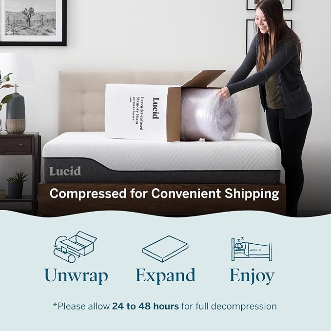 LUCID 2 Inch Lavender Infused Memory Foam Mattress Topper, King Size – Ventilated Design – Pressure Relieving Bed Topper - Mattress Pad – CertiPur Certified