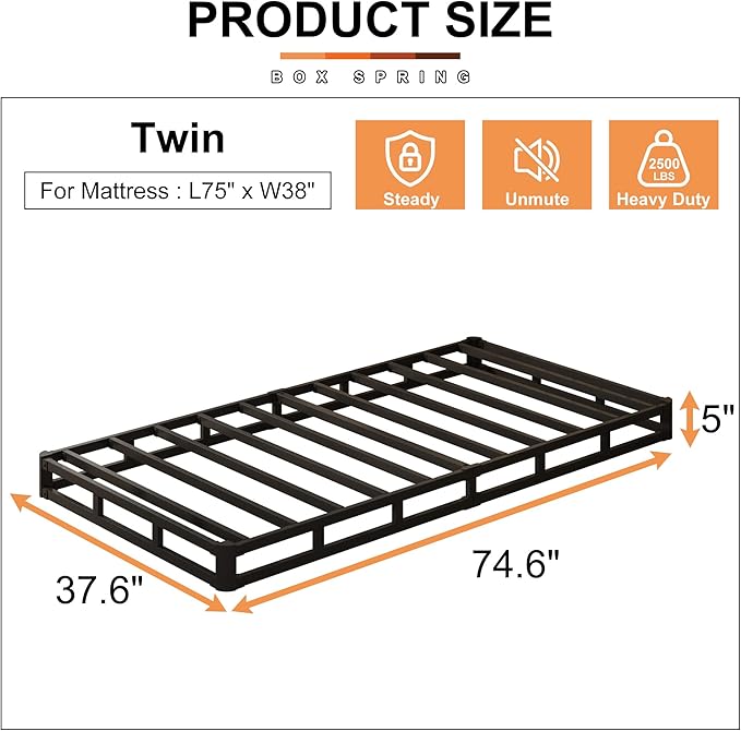 EMODA 5 Inch Twin Box Spring Bed Base, 1500 LBS Heavy Duty Metal Mattress Foundation with Fabric Cover, Easy Assembly