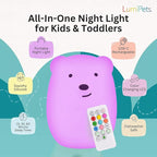 Lumipets Benny The Bear Squishy Silicone Night Light for Kids | Cute Night Light with Remote & Touch Control for Girls & Boys | 9 Color Changing Soft Portable Animal Lamp Comes with USB Cord