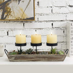 MyGift Solid Torched Wood Candlescape Display Tray Set with Metal Pillar Candle Holder and Decorative Fake Succulent Plants and Pine Cones - Holds 3 Candles