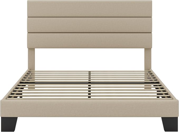SHA CERLIN Full Platform Bed Frame with Upholstered Fabric Headboard, Mattress Foundation with Strong Wooden Slats Support, No Box Spring Needed, Beige