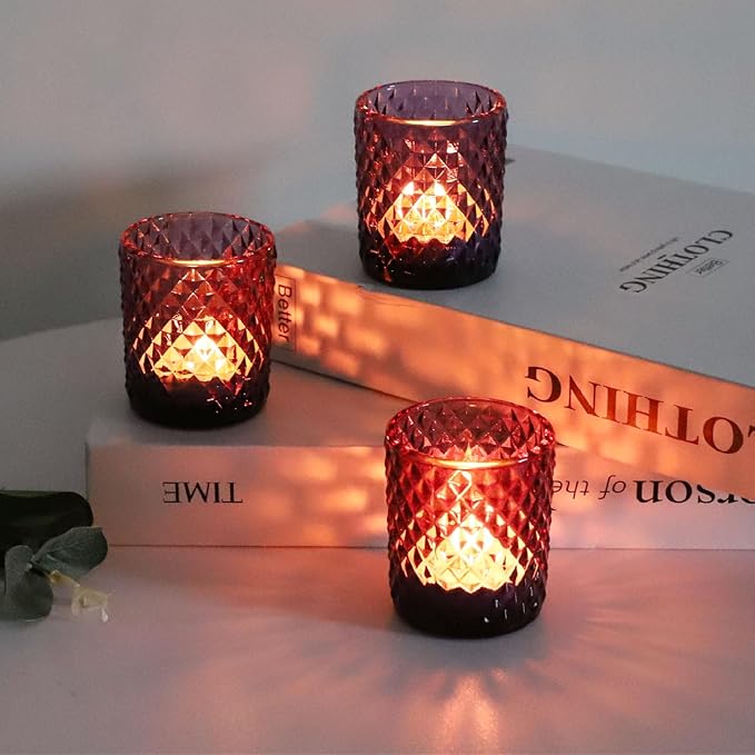 Woho 12pcs Purple Votive Candle Holders, Glass Tealight Candle Holder for Vintage Halloween Party Decor, Tea Lights Candle Holder for Wedding Engagement Table Centerpiece